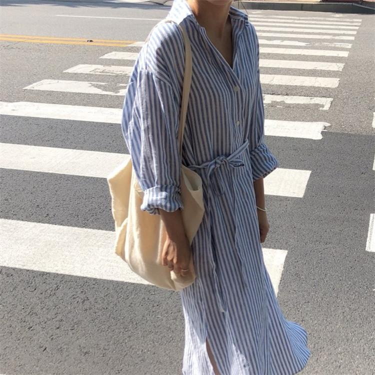Spring Summer Women Long Dresses Striped Lace Up Cotton and Linen Shirt Dress