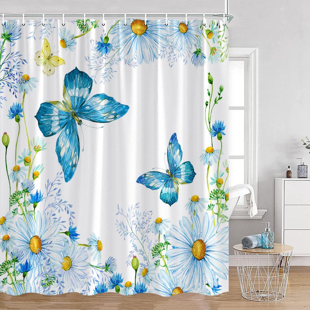 Butterfly Shower Curtains Multicolored Flowers Pastoral Floral Bathroom Decorations Rustic Polyester Bath Curtains with Hooks