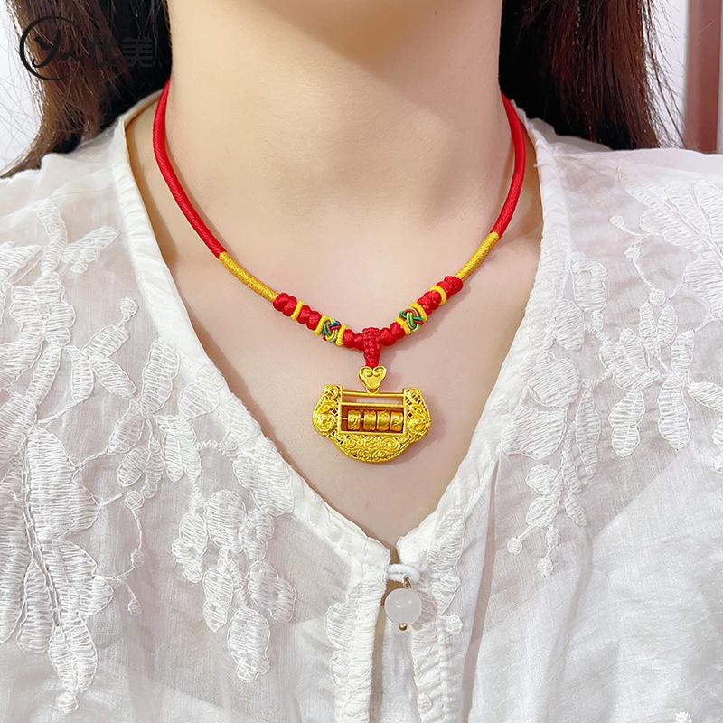 Baby Longevity Gold Lock Necklace: Red Collar Koi Design for 1st Birthday Gift