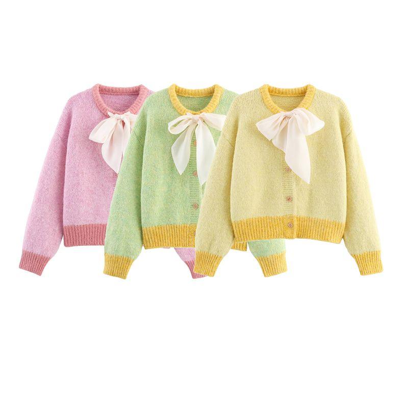 Kaslead New Women Clothes Western Style Fashion Simple Bow Decoration Knit Cardigan