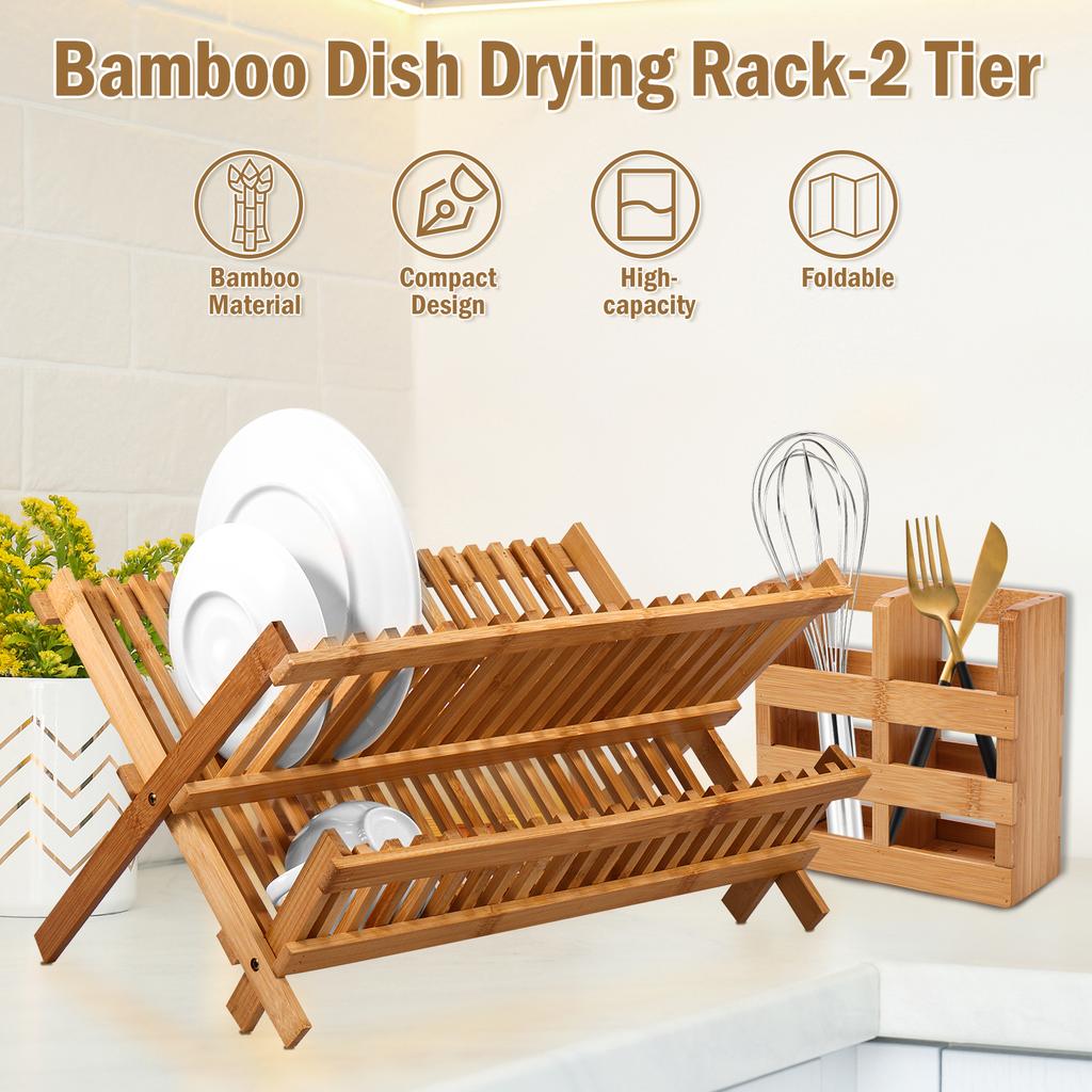Bamboo Dish Drainer Drying Rack with Utensil Box 20 Slots Double Layer Bowl and Dish Holder Collapsible Dish Plate Storage Rack