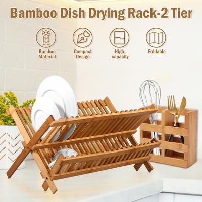 Bamboo Dish Drainer Drying Rack with Utensil Box 20 Slots Double Layer Bowl and Dish Holder Collapsible Dish Plate Storage Rack