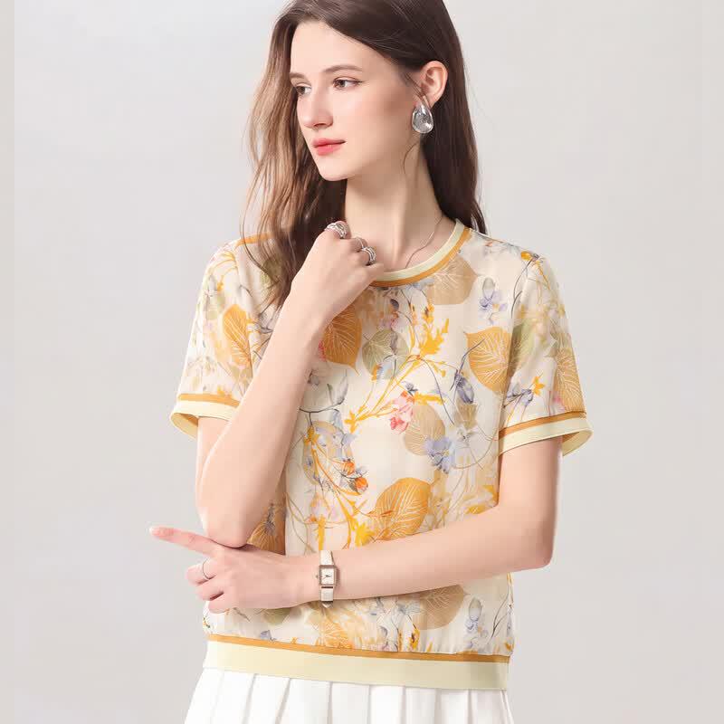 Snowforte 100% Mulberry Silk French Print Short Sleeve T-Shirt XL