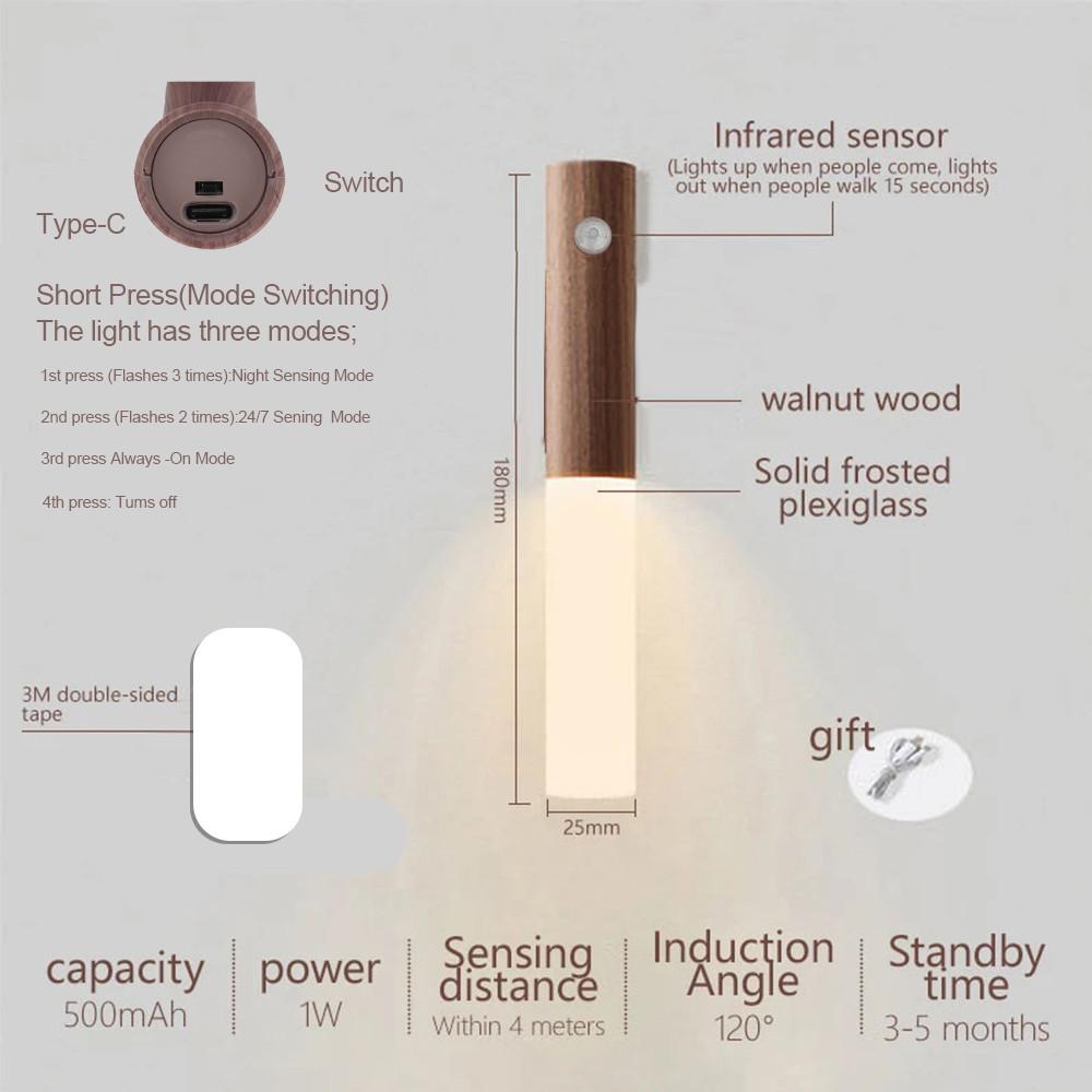 4pcs Motion Sensor Night Light Wooden Rechargeable 3color Magnet Indoor Body Sensor Night Lights Hand-Held Portable Led Wall Sconce Emergency Light