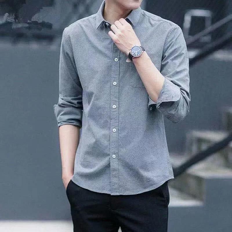 Spring and Autumn Men's Long-sleeved Shirt Oxford Casual Shirt  Thin Solid Color Versatile Bottoming for Young and Middle-aged People Cotton