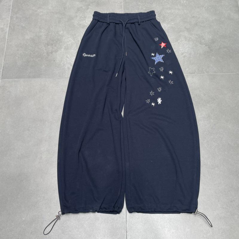 

2026 Spring Star Plaid Embroidered Sweatpants – Casual Loose Fit with Elastic Waist Large