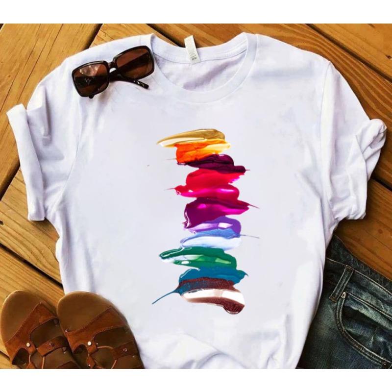

European and American Nail Polish Simple Women s Casual Cute Large Size Short-sleeved T-shirt Women Clothes Tops 5XL