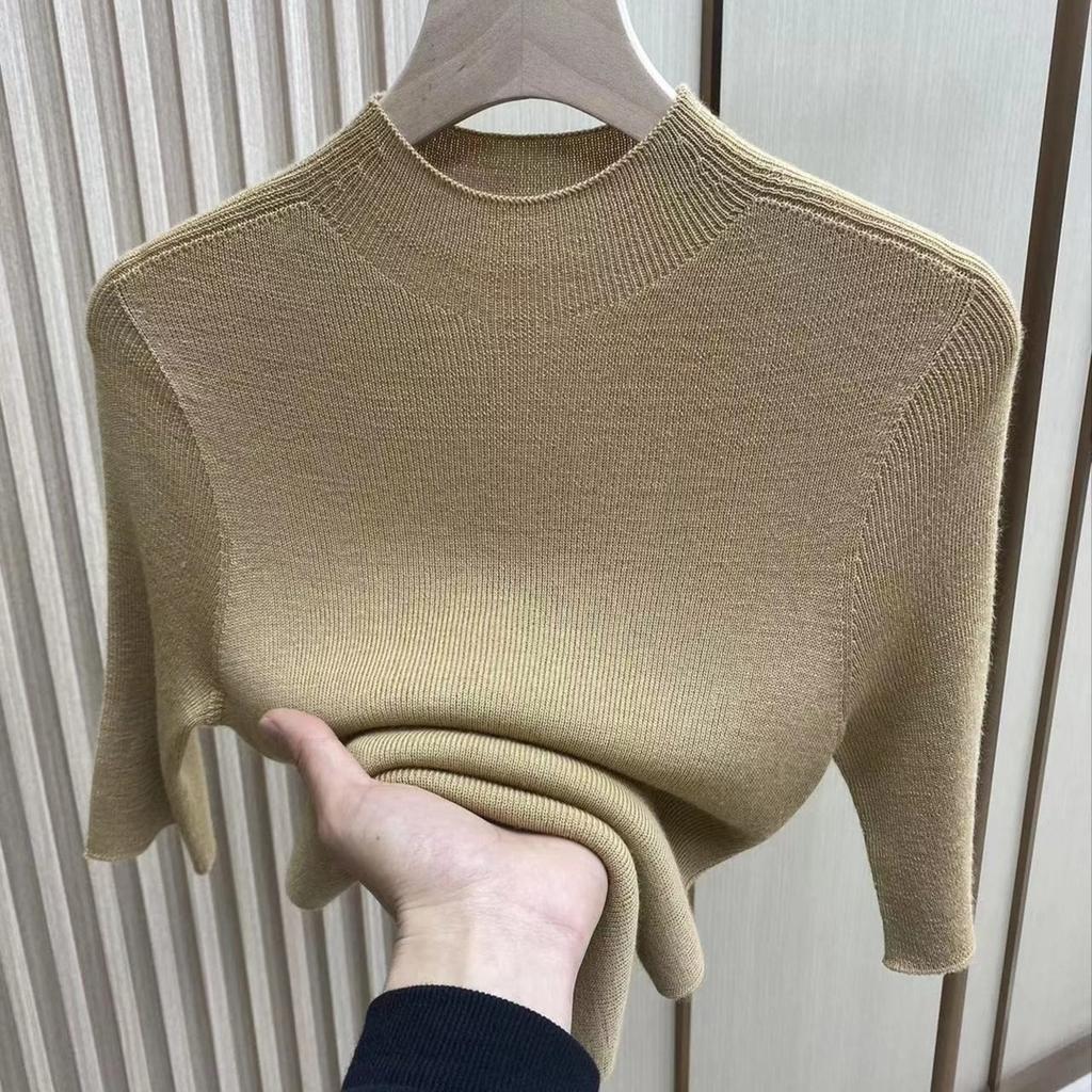 Spring and Autumn thin semi-turtleneck bottoming shirt women's half-sleeved knitted sweater new five-quarter-sleeved slim-fitting foreign-style medium