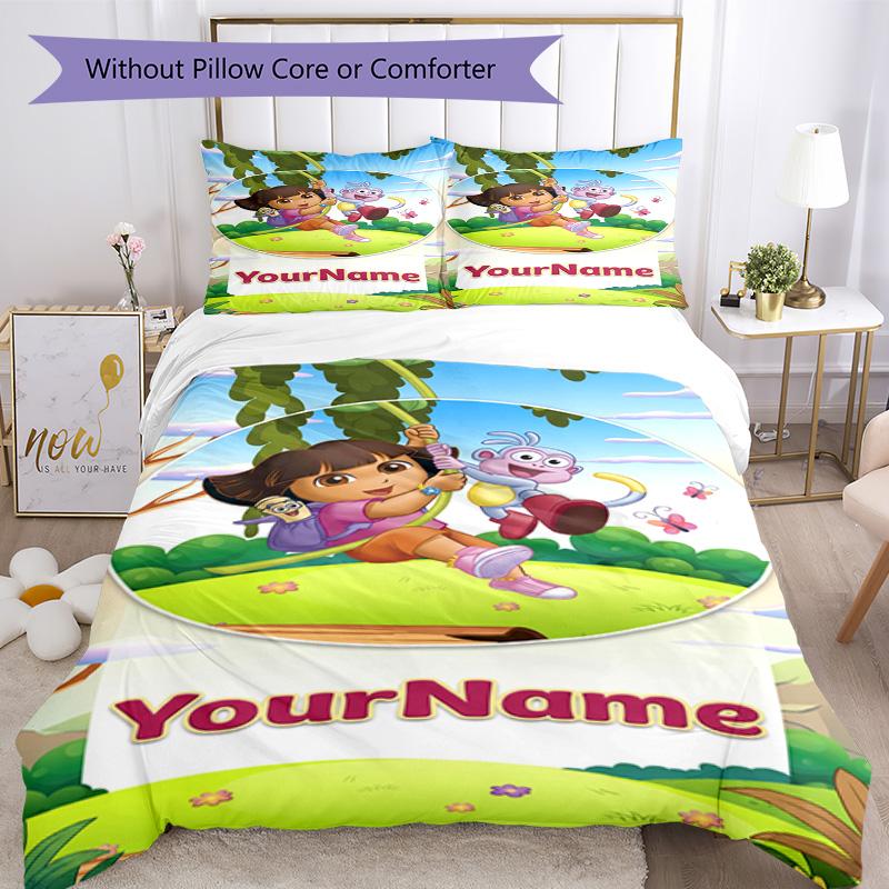 Dora Explorer Customize Your Name Bedding Set Breathable Duvet Cover with Pillowcases Home Decoration Birthday Gift