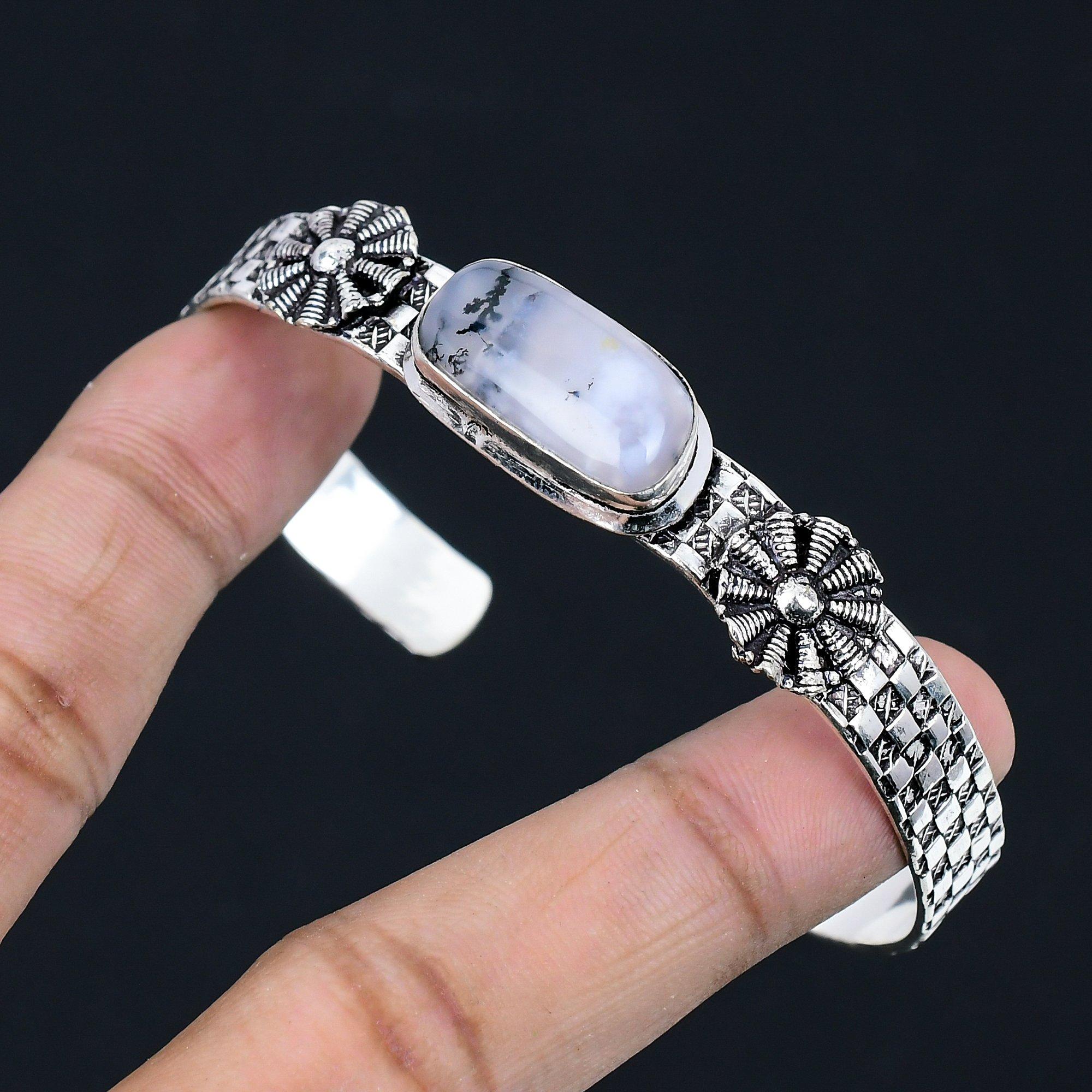 

Anniversary Gift For Her Natural Dendrite Opal Bangle Adjustable 925 Silver Adjustable