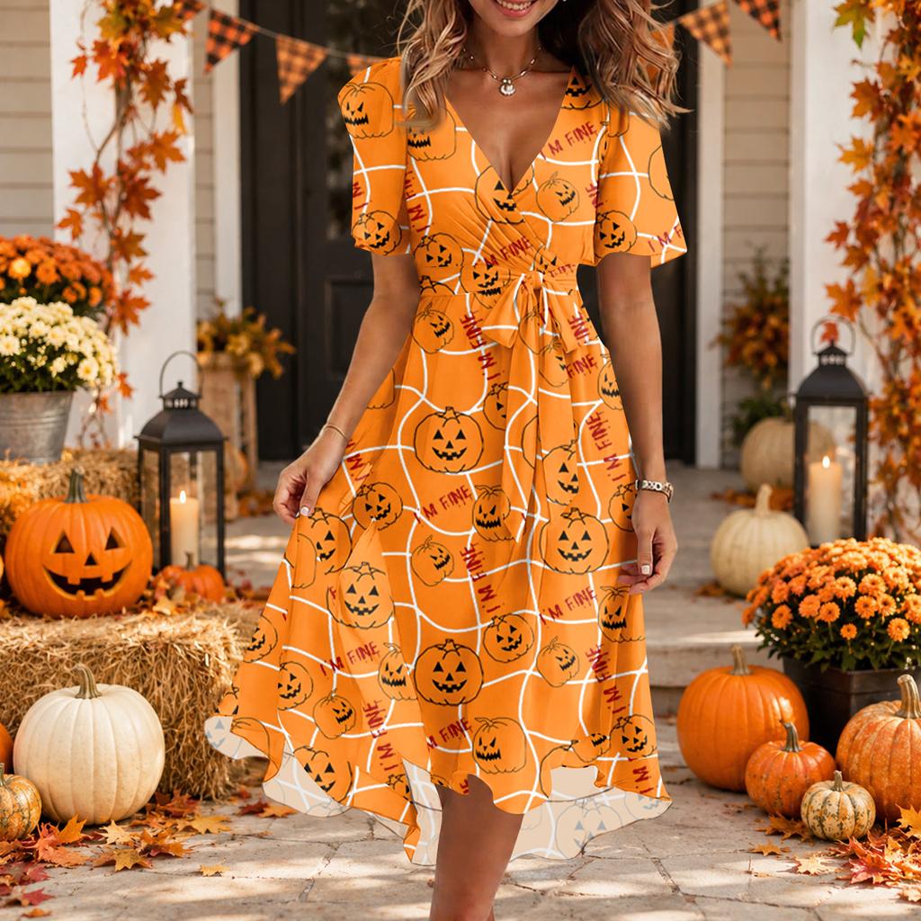 Women Casual V Neck Short Sleeve Halloween Print Dress Midi Length Relaxed Fit Lightweight Fabric Summer Dress