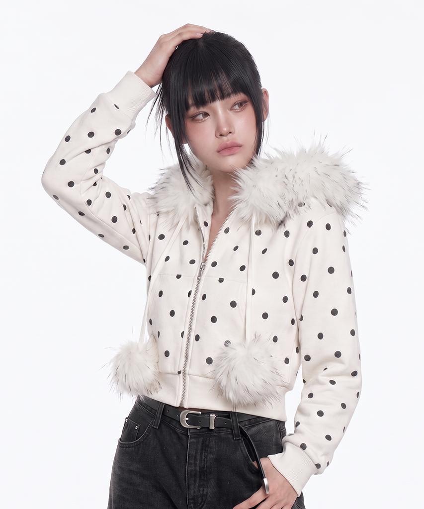 The Green Lab Fur Hood Dot Zip-Up [White]