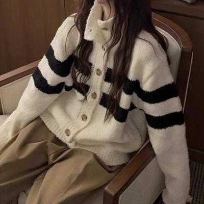 Fashion Turtleneck Striped Knitted Cardigan Women's Sweater Autumn and Winter Coat Loose Simple Casual Office Top Ladies Clothing