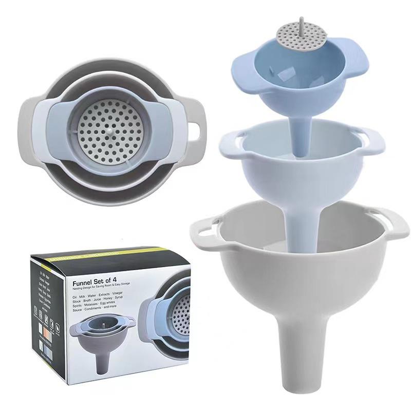 

Four In One Funnel Multifunctional Wide Mouth Plastic Funnel With Filter Residue Filter Kitchen Oil kettle Filter Funnel синий