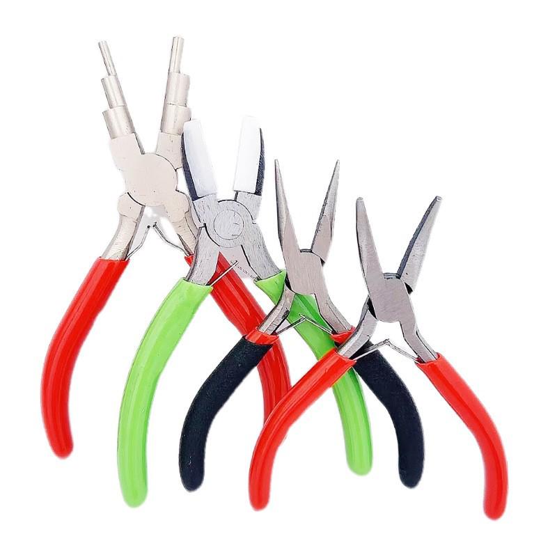 Six-Step Jewelry Wire Pliers Set: Round Nose, Needle Nose, 6-Step Loop, Bent Nose, and Nylon Pliers.