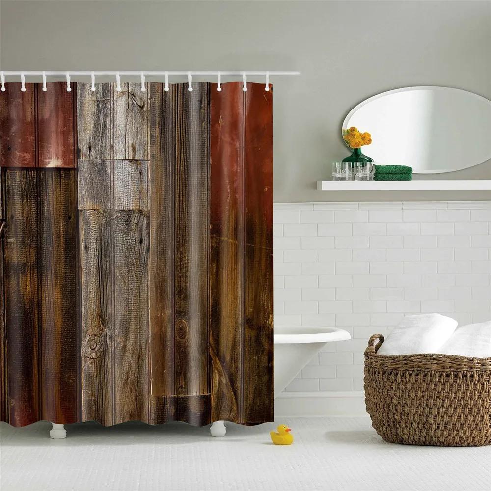 Wooden Door Shower Curtains Bathroom Curtain Stripes Letters Printed Waterproof Bath Screen Curtain for Home Decor with Hooks