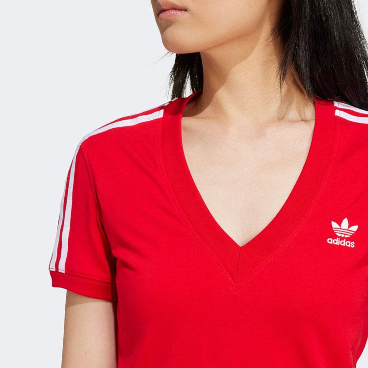 Adidas Originals Three Stripe Color Block V-Neck Slim Fit Short Sleeve T-Shirt Women Tops Red IR8116