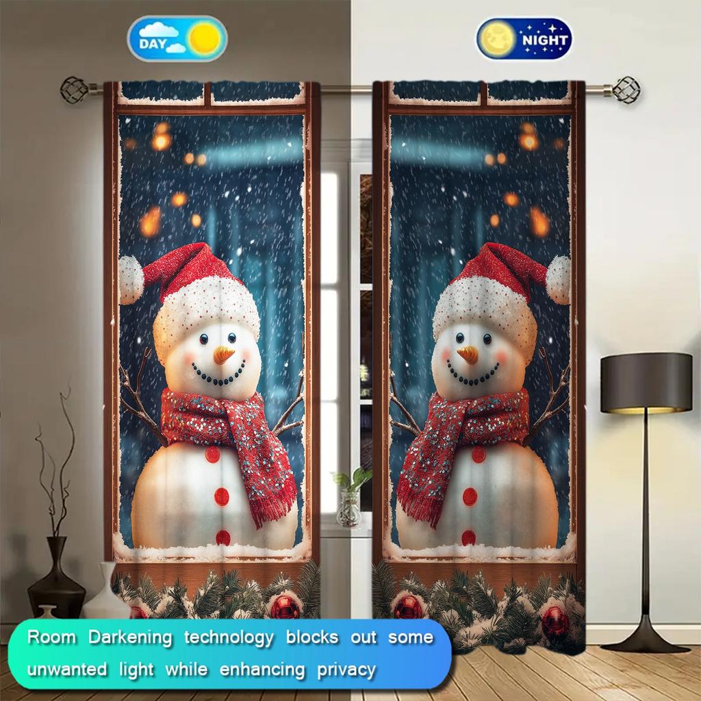2pcs Christmas Snowman Outside The Window Printed Curtain for Home Decor - Rod Pocket Window Treatment for Bedroom, Office
