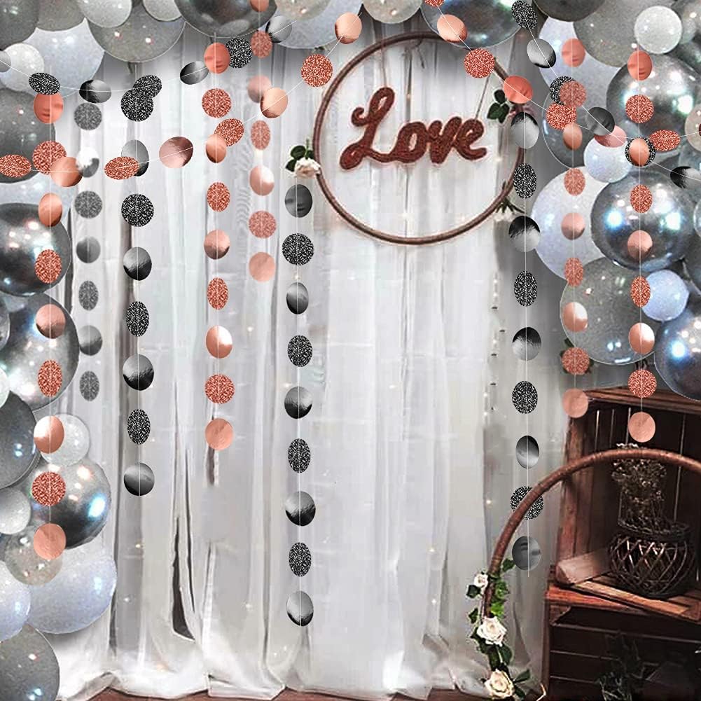 Decor365 Glitter Rose Gold Black Birthday Party Decorations Dot Garland Circle Streamers Banner Backdrop for Weddings Birthdays Baby Showers Bridal