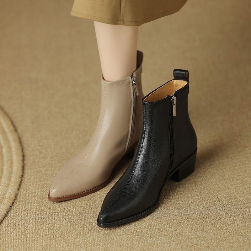 Black Leather Women Ankle Boots Side Zipper Decor Flats Leather Chelsea Boots Vintage Brown Autumn Knight Boots Women