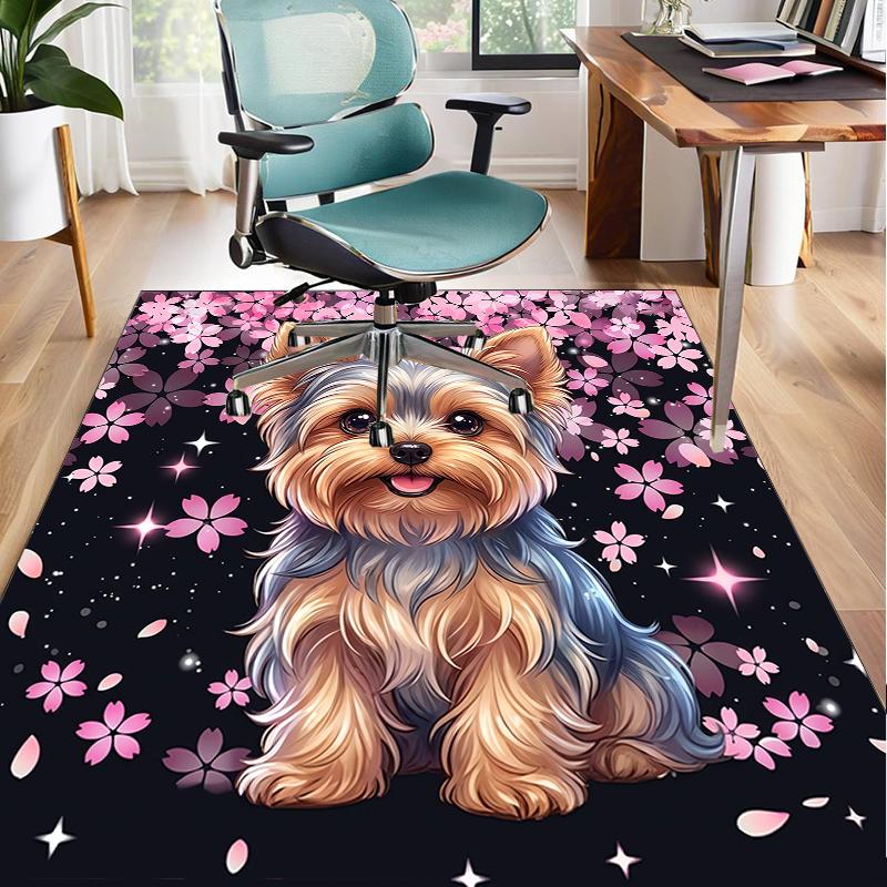 Cherry Blossom Yorkie Office Rug Chair Mat, Entryway Carpet, Suitable for Front Door, Bedroom, Living Room, Desk, Holiday Gift