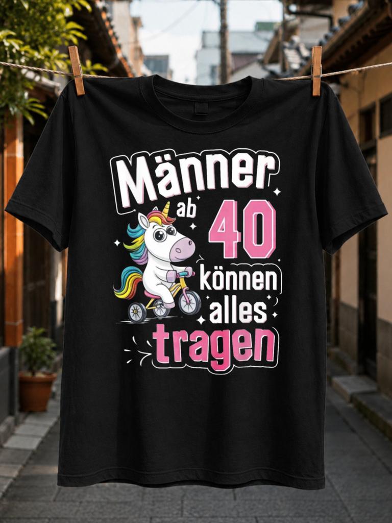 Gerunisex Unisex Over 40 Unicorn Quote Cute Rainbow Unicorn Riding A Tiny Tricycle Beside Large Pink Unisex All TShirt
