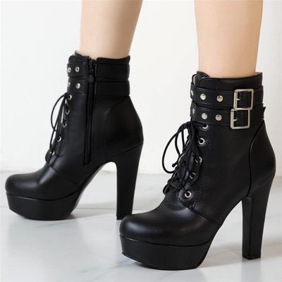 Mode Damen Stiefeletten Plateau Schnürung Hohe Absätze Kurzer Stiefel Weiblich Schnalle Herbst Winter Rot Gelb Weiß Sexy Schuhe Große Größe34-46