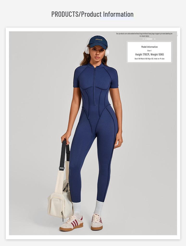 Women's Short-Sleeve Half-Zip Tummy-Control Yoga Jumpsuit