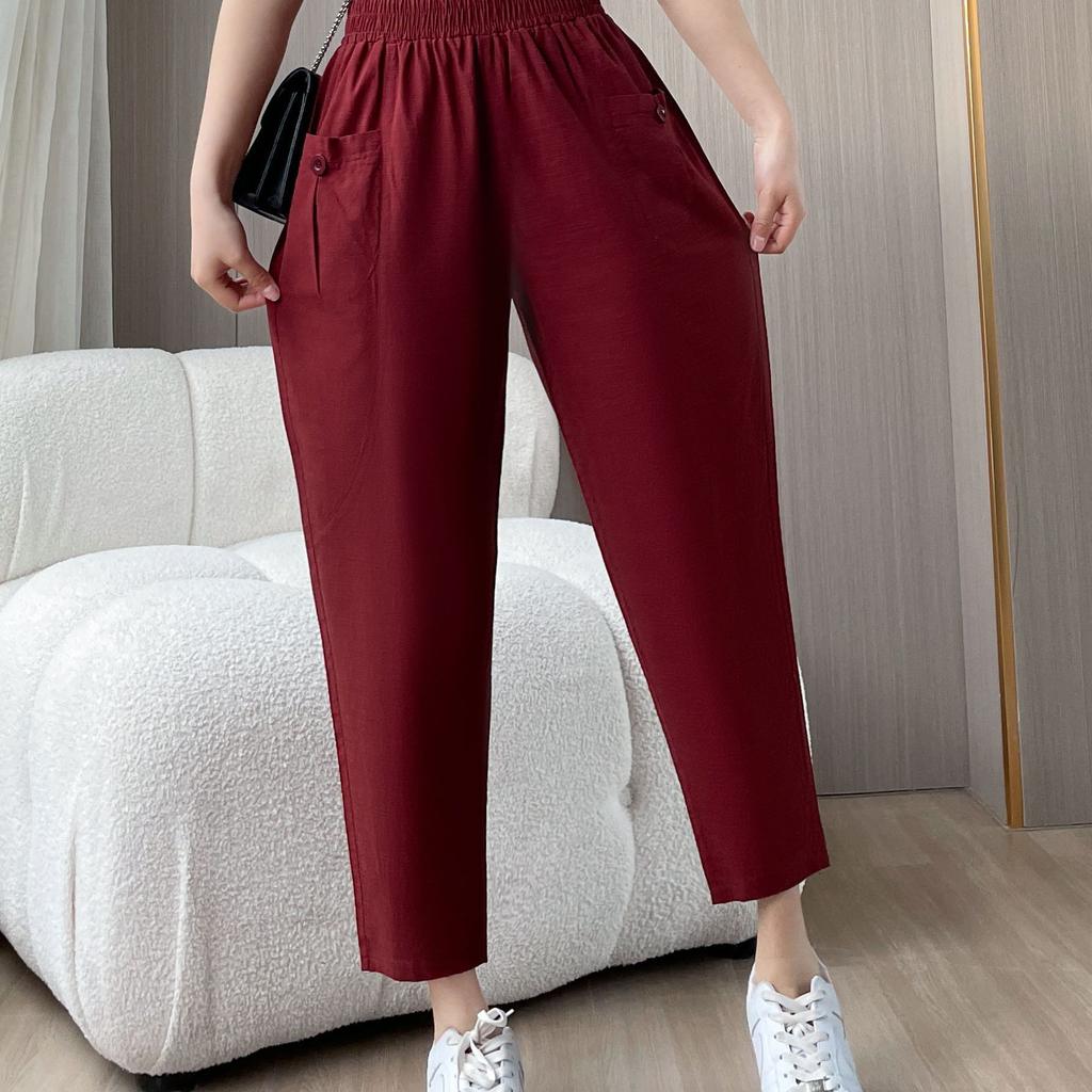 Casual Pants Summer Middle-aged Elderly New Thin Style High Waist Elastic Casual Nine-point Loose Mother Harun