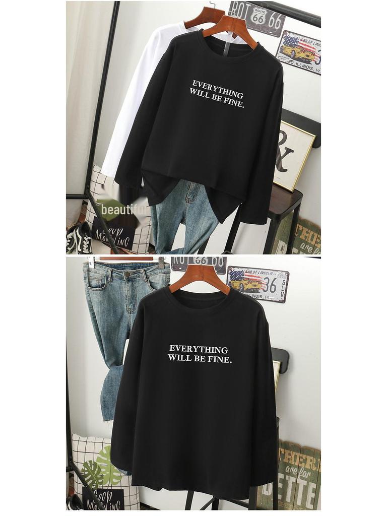 T-shirt ample à manches longues en pur coton pour femme - Nouveau pour Printemps/Automne 2024, Design amincissant couvrant le ventre
