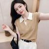 Summer New Color-matching POLO Collar Thin Short-sleeved Knitted Top for Women, Slimming and Fashionable, Versatile, with A V-neck Design. T-shirt