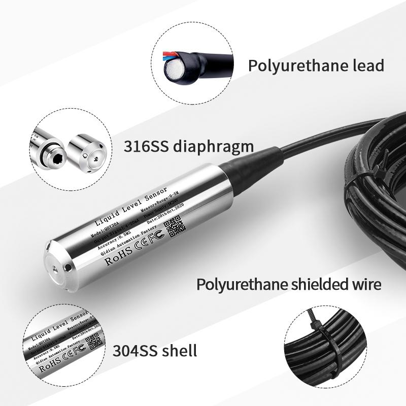 Flüssiger Wasserstandssensor 0 10V 4 20mA RS485 1m/2m/3m/4m/5m Bereich mit 0-5m Kabel Tauchbarer Wasserstandssensor 24V