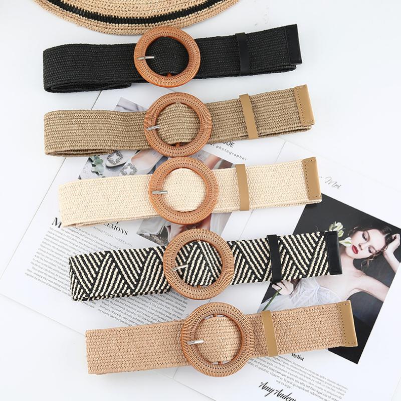 Korean Fashion Women Grass-like Belts Woven Wide Simple Round Button Belts Cotton Linen Elastic Woven High Elastic Dress Belts