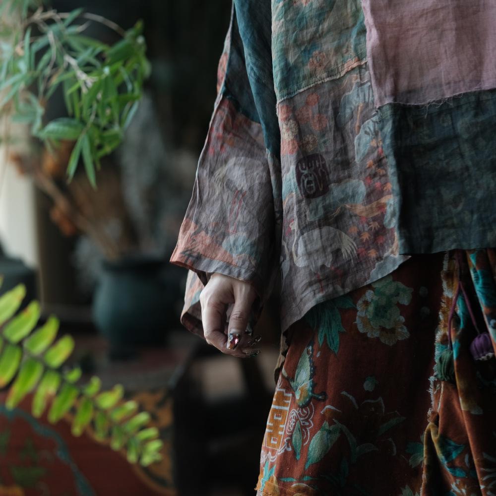 Johnature Vintage Women Patchwork Color T-Shirts V-Neck Long Sleeve Ramie High Quality Autumn Loose T-Shirts