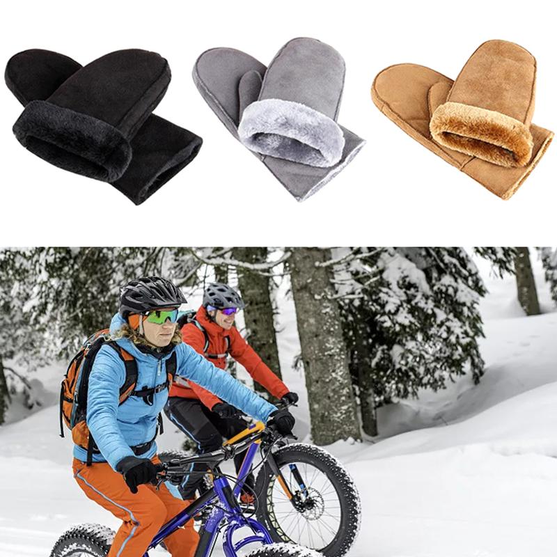 1Pair Heated Mittens Winter Riding Outdoor Windproof Full Finger Warm Gloves Cashmere Gloves Soft Warm Faux Fur Suede Leather