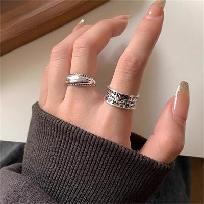 Letter Silver Ring Niche Design Index Finger Ring Adjustable Opening Ring Tide Geometric Simple Ring