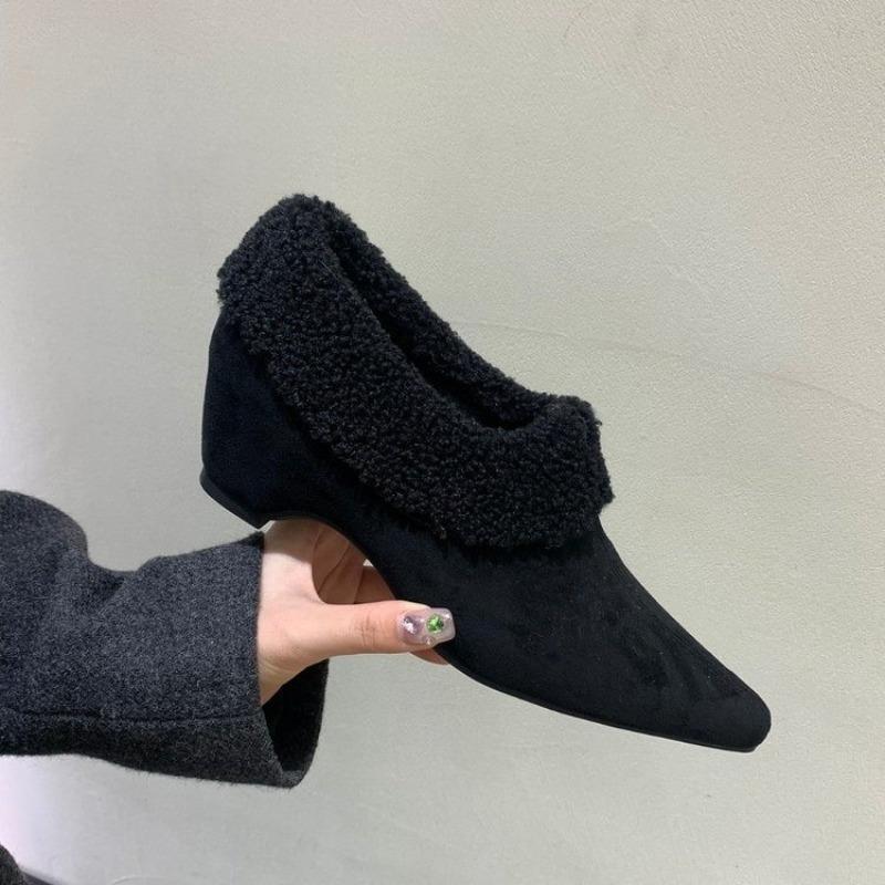 Autumn and Winter New Versatile Single Shoes Velvet Warm Cotton Shoes Heightened Gray Pointed Retro Fluffy Shoes Short Boots