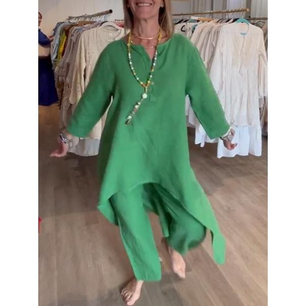 Summer Solid-colour Sophisticated-style Casual Cotton-linen Set for Women with Three-quarter Sleeves and Cropped Trousers