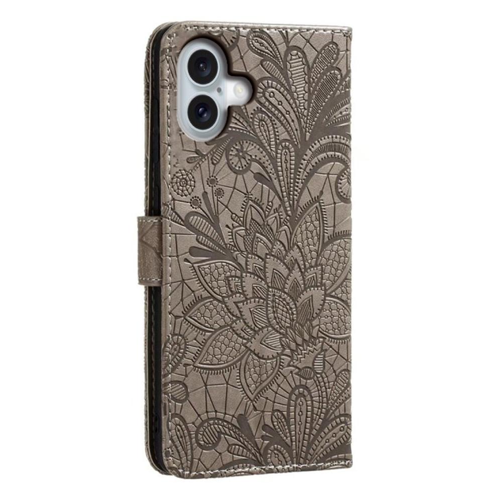 For iPhone 16 Case Lace Flowers PU Leather Flip Wallet Phone Cover - Grey