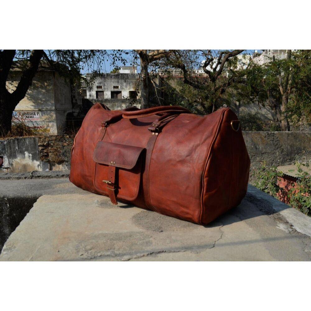 Men's Leather Goat Luggage Travel Gym Genuine Brown Overnight Bag Duffle