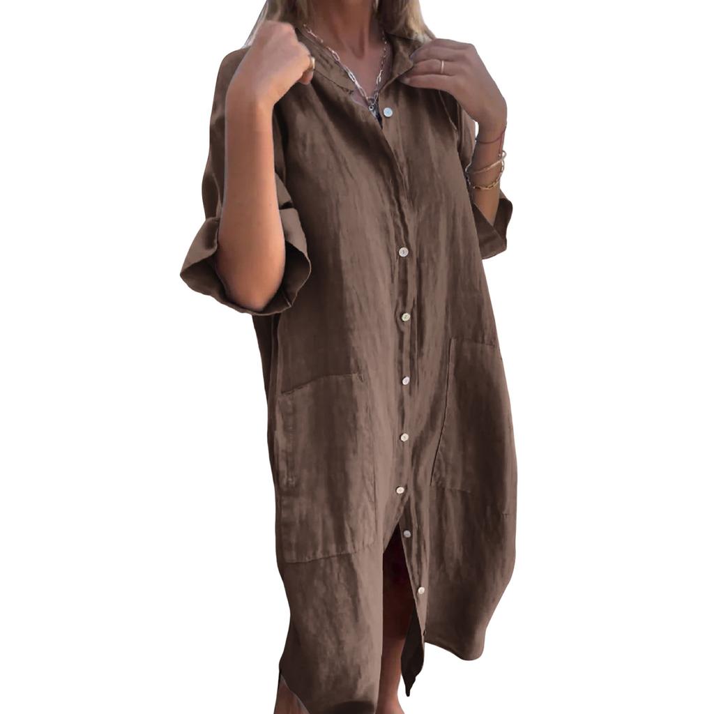 Women's Fashion Casual Button Cardigan Cotton And Linen Color Dress With Pockets