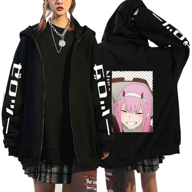Mens Anime Zero Two Darling In Franxx Printed Fleece Lined Hooded Sweatshirt Casual Long Sleeve Pullover