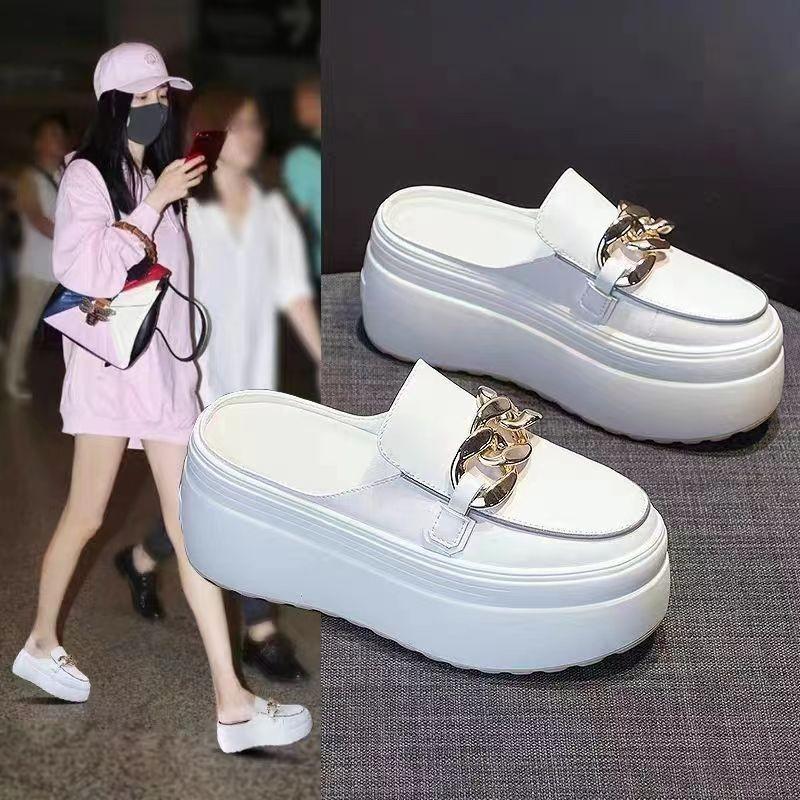 SyfIyno Neue Sommer Baotou Halbschuhe Echtes Leder Outdoor Kühl Schleppen Dicke Sohle Absatz Frei Hoch Schuhe