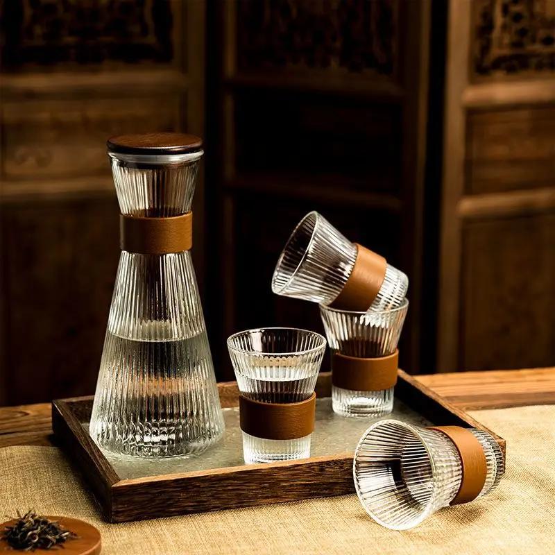 1pc Glass Coffee Cups Japanese Style Tea Cup With Cup Sleeve Wine Glasses Simple Striped Mugs Beer Milk Juice Cold water cup