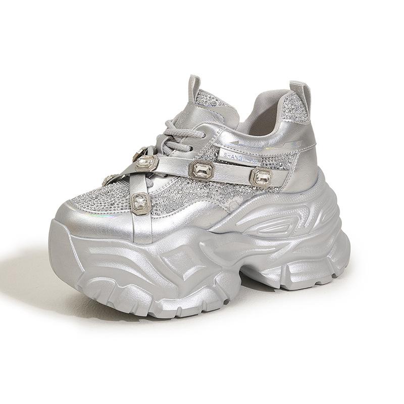 

Европейская станция интернет-знаменитость папины кроссовки женские 2025 весна новые универсальные одинарные туфли модные стразы толстая подошва увеличивающие рост женские туфли 39 серебряный