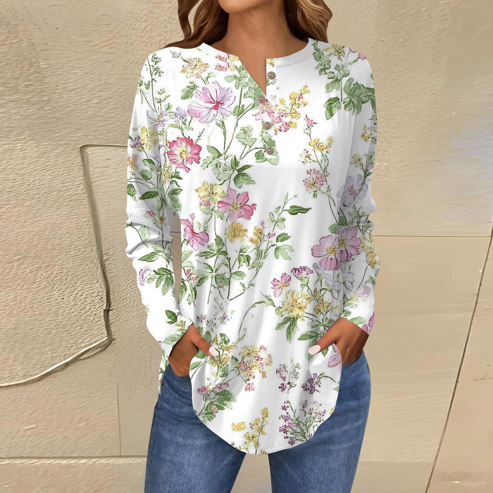 

Модная свободная футболка с длинным рукавом и цветочным принтом на пуговицах, топ-пуловер XXXL фиолетовый