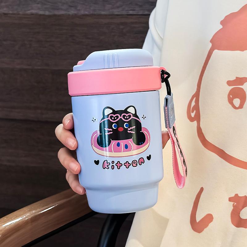 Stroh-Thermosbecher für Mädchen, hochwertiger Becher, niedlicher tragbarer Kaffee-, Begleit-Wasserbecher für Schüler