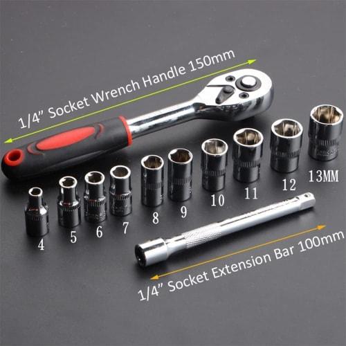 12-Piece Socket Wrench Set with Holder, 6.35mm (1/4") Drive, Ratchet Wrench Set with Hex Sockets, for Vehicle Maintenance and Repair, Automotive and M