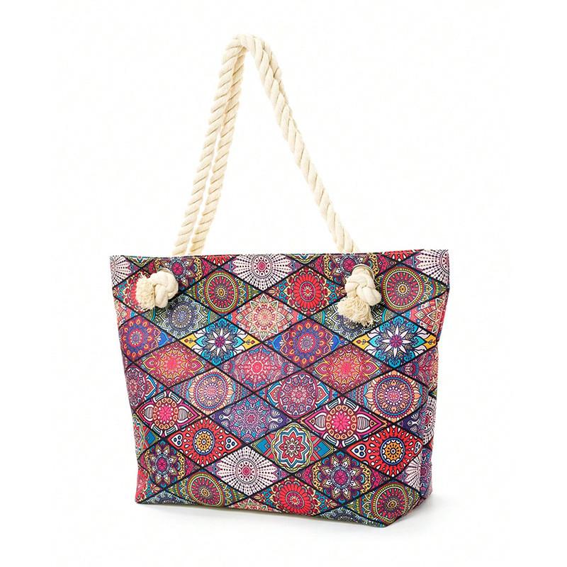 Bohemian Geometric Large Capacity Travel Tote With Zipper Closure For Beach And Casual Use