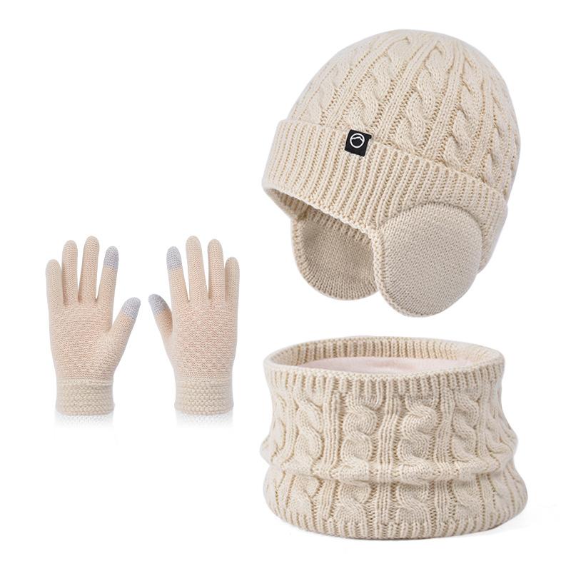 Winter Plush Thick Children's Hat, Scarf Gloves, Three Piece Set, Men's and Women's Outdoor Windproof Ear Protection, Warm Knitted Hat